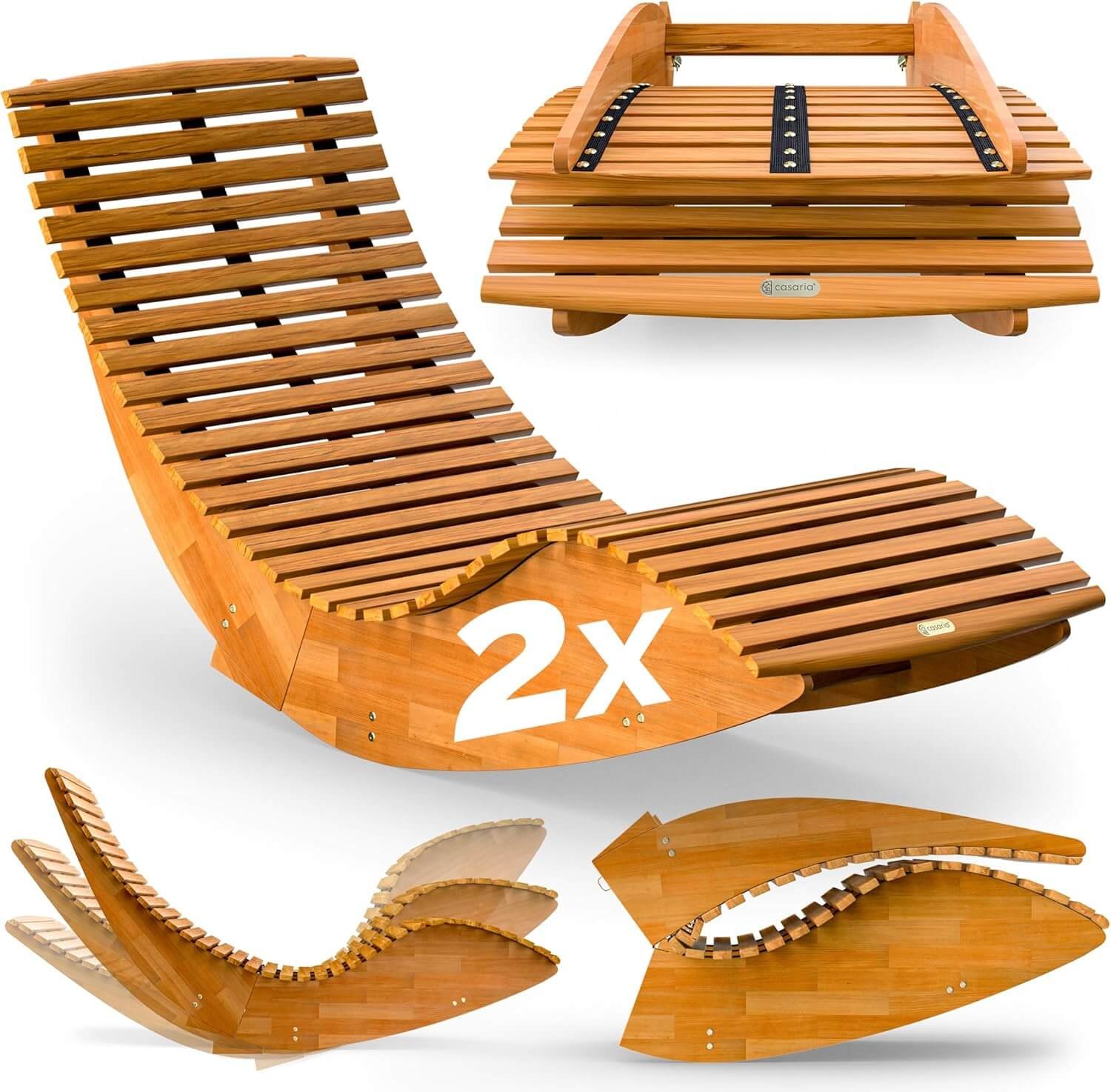CASARIA 2x JAVA Rocking Wooden Sunloungers 155x60x93cm